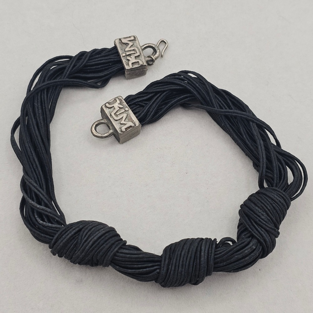 Multi Strand Knotted Cord Necklace Black Silver Tone Collar Choker 14"